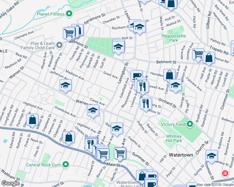 map of restaurants, bars, coffee shops, grocery stores, and more near 188 Edenfield Avenue in Watertown