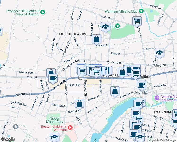 map of restaurants, bars, coffee shops, grocery stores, and more near in Waltham