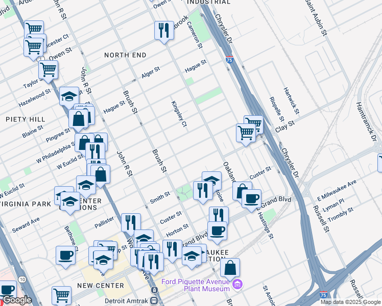 map of restaurants, bars, coffee shops, grocery stores, and more near 570 Chandler Street in Detroit
