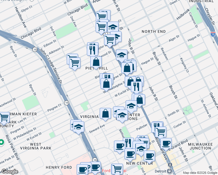 map of restaurants, bars, coffee shops, grocery stores, and more near 639 West Philadelphia Street in Detroit