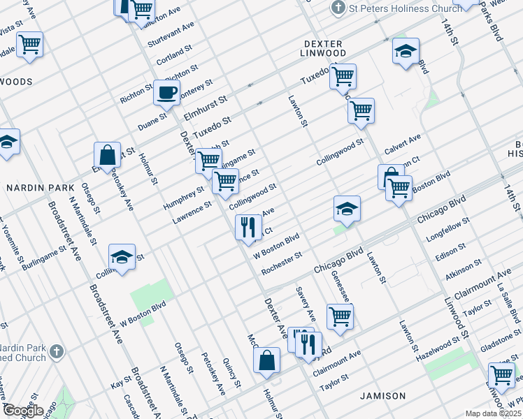map of restaurants, bars, coffee shops, grocery stores, and more near 3280 Glynn Court in Detroit