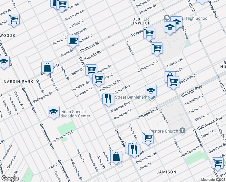map of restaurants, bars, coffee shops, grocery stores, and more near 3280 Glynn Court in Detroit