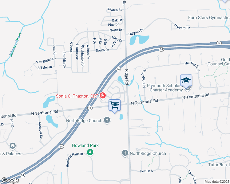 map of restaurants, bars, coffee shops, grocery stores, and more near 49463 Pointe Crossing in Plymouth Charter Township