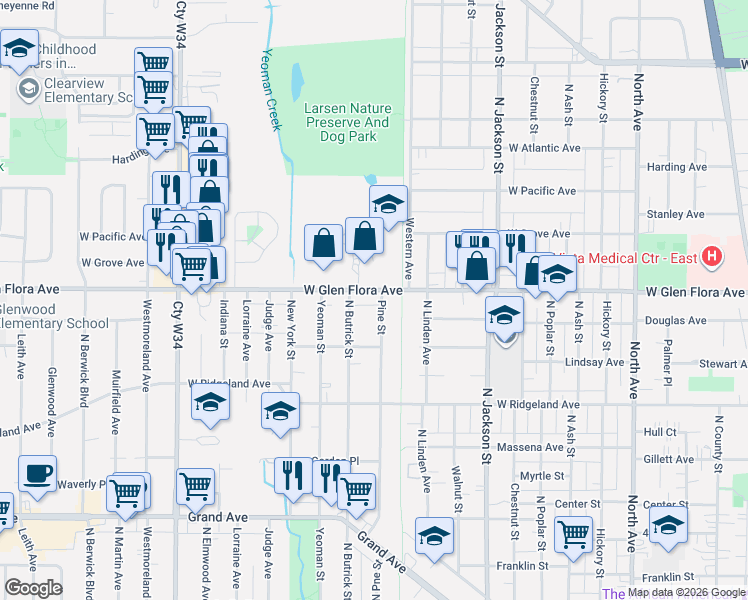 map of restaurants, bars, coffee shops, grocery stores, and more near 1125 North Butrick Street in Waukegan