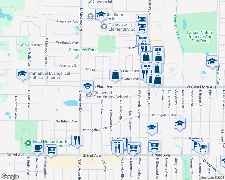 map of restaurants, bars, coffee shops, grocery stores, and more near 1116 Glenwood Avenue in Waukegan
