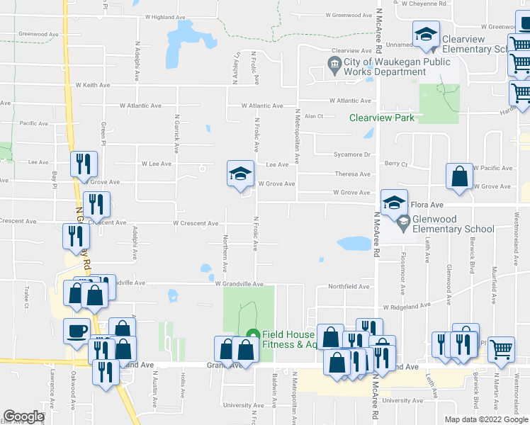 map of restaurants, bars, coffee shops, grocery stores, and more near 12339 West Crescent Avenue in Waukegan