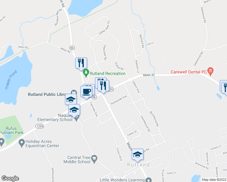 map of restaurants, bars, coffee shops, grocery stores, and more near 213 Main Street in Rutland