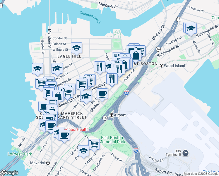 map of restaurants, bars, coffee shops, grocery stores, and more near 277 Chelsea Street in Boston