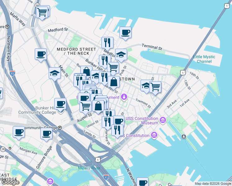 map of restaurants, bars, coffee shops, grocery stores, and more near 5 Cross Street in Boston