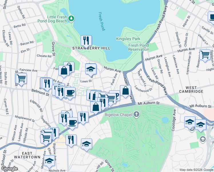 map of restaurants, bars, coffee shops, grocery stores, and more near 28 Holworthy Place in Cambridge