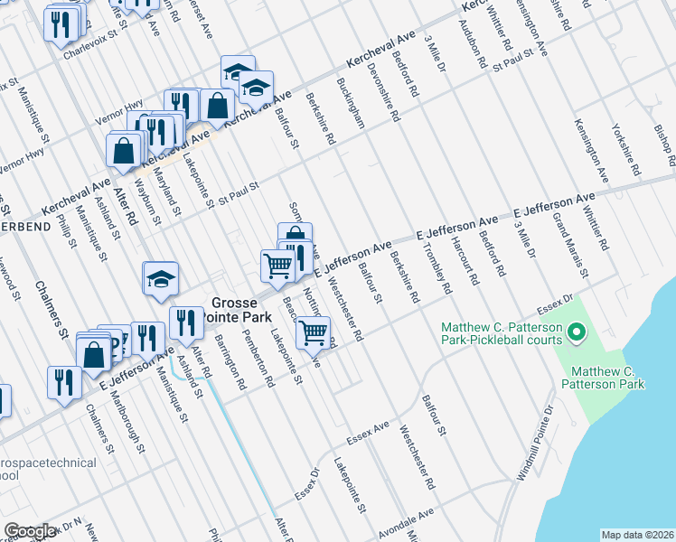 map of restaurants, bars, coffee shops, grocery stores, and more near 960 Westchester Road in Grosse Pointe Park