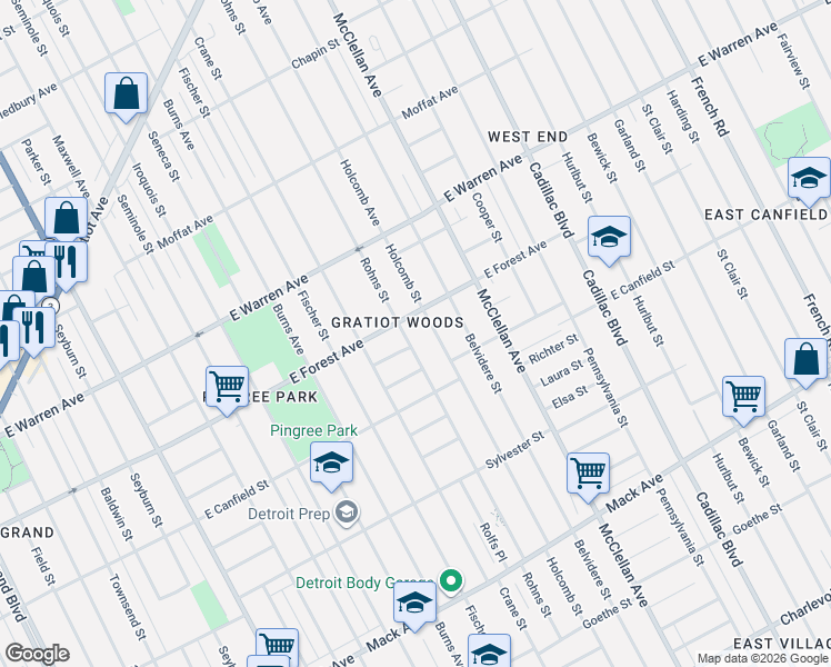 map of restaurants, bars, coffee shops, grocery stores, and more near 4522 Rohns Street in Detroit