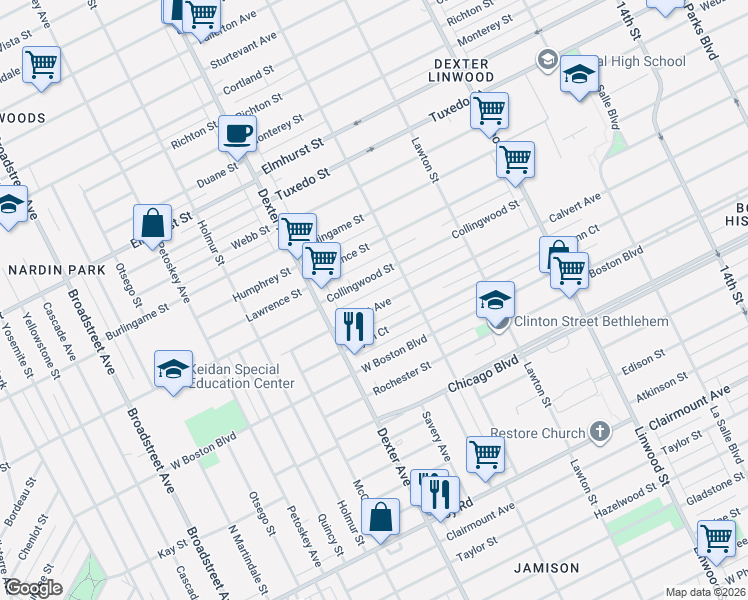 map of restaurants, bars, coffee shops, grocery stores, and more near 3280 Glynn Court in Detroit