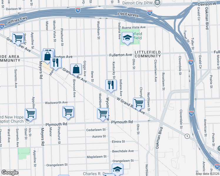 map of restaurants, bars, coffee shops, grocery stores, and more near 12055 Grand River Avenue in Detroit