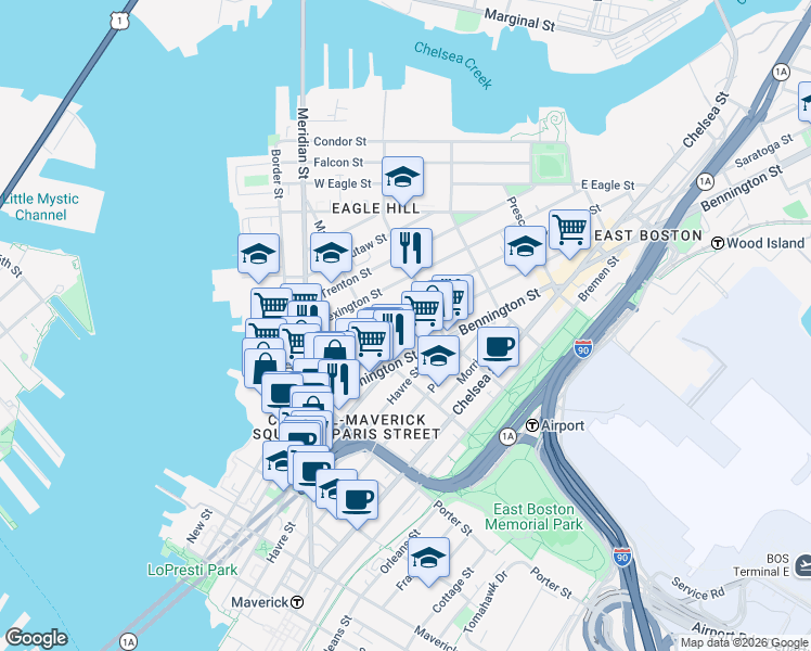 map of restaurants, bars, coffee shops, grocery stores, and more near 92 Bennington Street in Boston