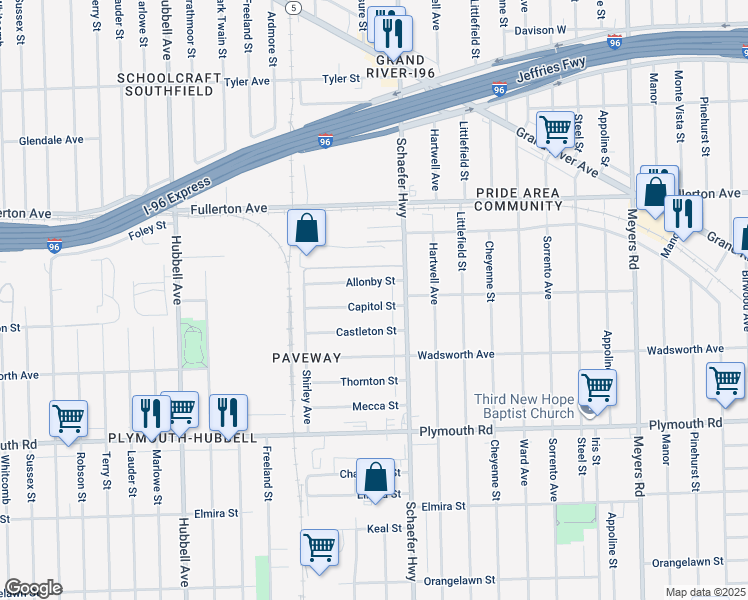 map of restaurants, bars, coffee shops, grocery stores, and more near 13658 Capitol Street in Detroit