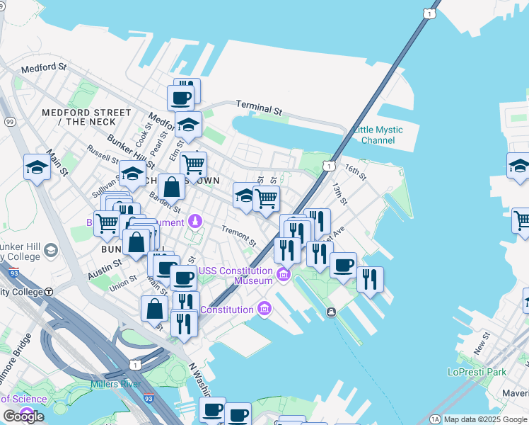 map of restaurants, bars, coffee shops, grocery stores, and more near 7 Moulton Street in Boston