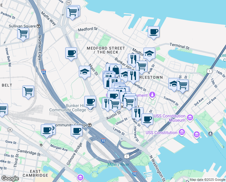 map of restaurants, bars, coffee shops, grocery stores, and more near 267 Main Street in Boston