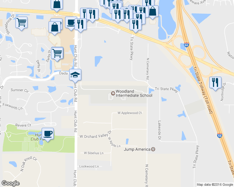 map of restaurants, bars, coffee shops, grocery stores, and more near 1115 N Hunt Club Rd in Gurnee