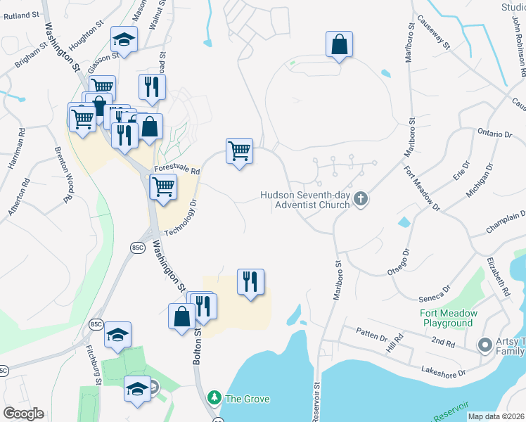 map of restaurants, bars, coffee shops, grocery stores, and more near 4 Cabot Road in Hudson