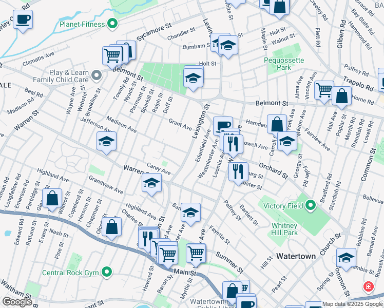map of restaurants, bars, coffee shops, grocery stores, and more near 188 Edenfield Avenue in Watertown