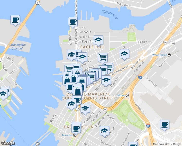 map of restaurants, bars, coffee shops, grocery stores, and more near Princeton St & Marion St in Boston