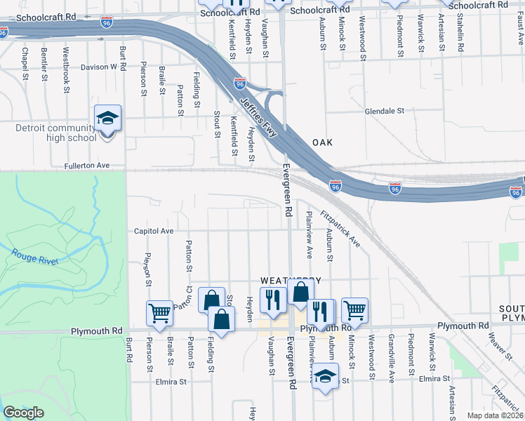 map of restaurants, bars, coffee shops, grocery stores, and more near 12257 Vaughan Street in Detroit