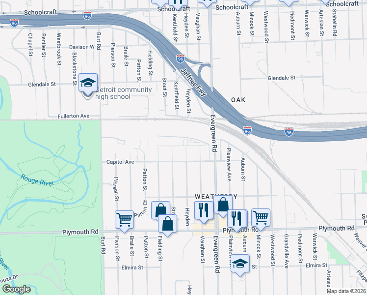 map of restaurants, bars, coffee shops, grocery stores, and more near 15509 Heyden in Detroit