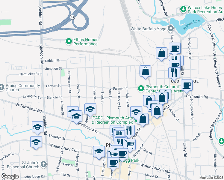 map of restaurants, bars, coffee shops, grocery stores, and more near 558 Ann Street in Plymouth