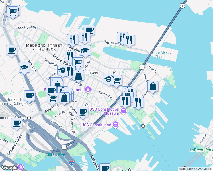 map of restaurants, bars, coffee shops, grocery stores, and more near 33 O Reilly Way in Boston