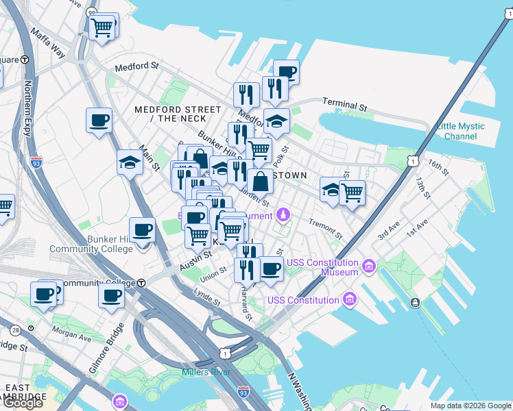 map of restaurants, bars, coffee shops, grocery stores, and more near 65 Green Street in Boston