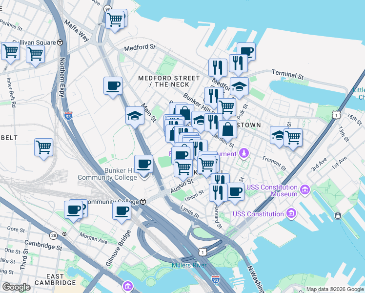 map of restaurants, bars, coffee shops, grocery stores, and more near 107 High Street in Boston