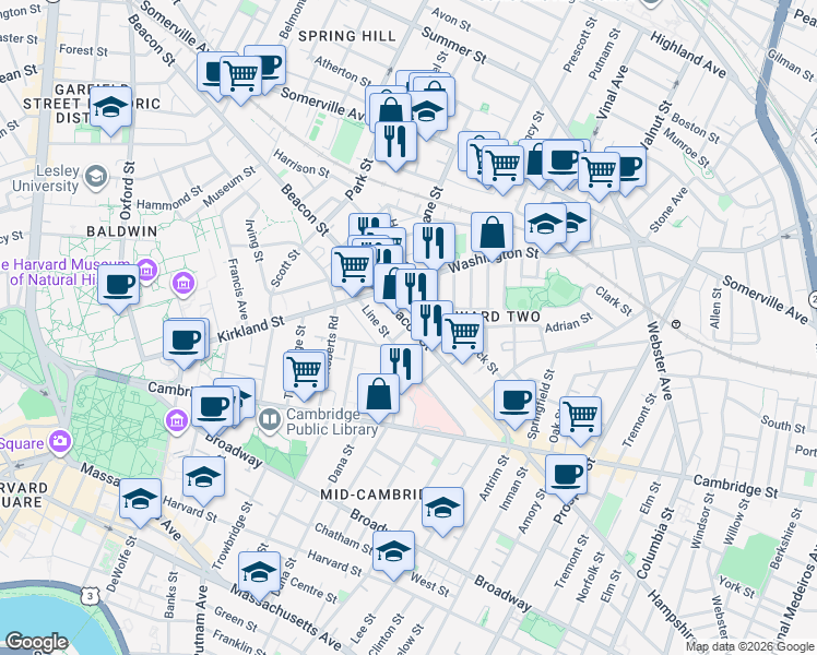 map of restaurants, bars, coffee shops, grocery stores, and more near in Somerville