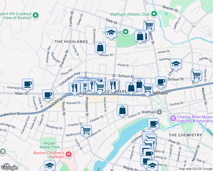 map of restaurants, bars, coffee shops, grocery stores, and more near 48 Fiske Street in Waltham