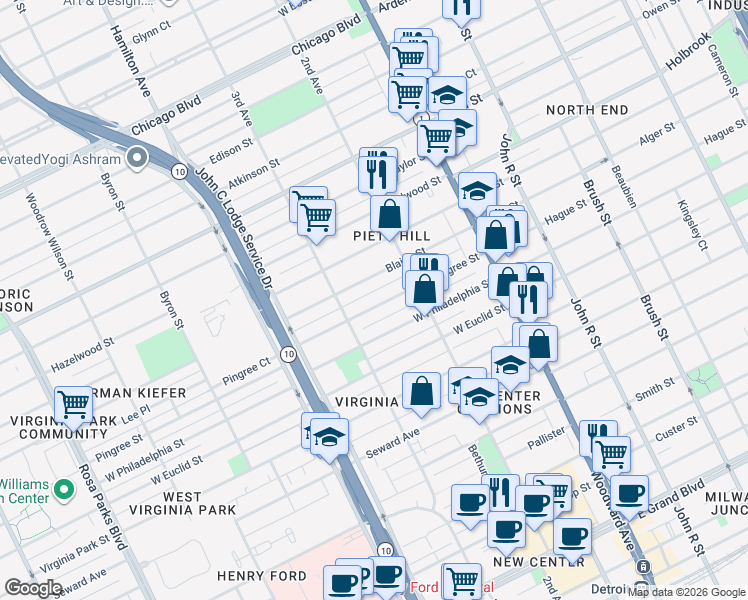 map of restaurants, bars, coffee shops, grocery stores, and more near 657 Blaine Street in Detroit