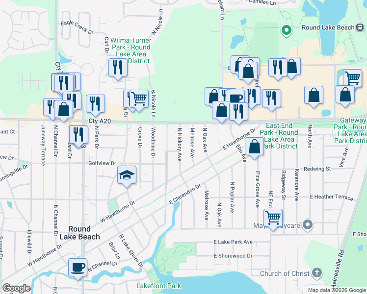 map of restaurants, bars, coffee shops, grocery stores, and more near 1620 North Hickory Avenue in Round Lake Beach