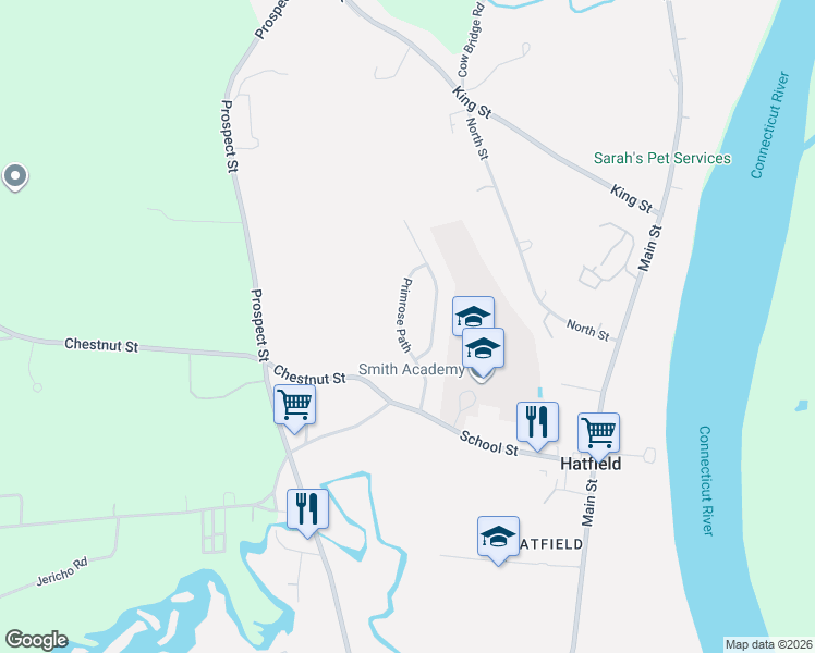 map of restaurants, bars, coffee shops, grocery stores, and more near 8 Primrose Path in Hatfield