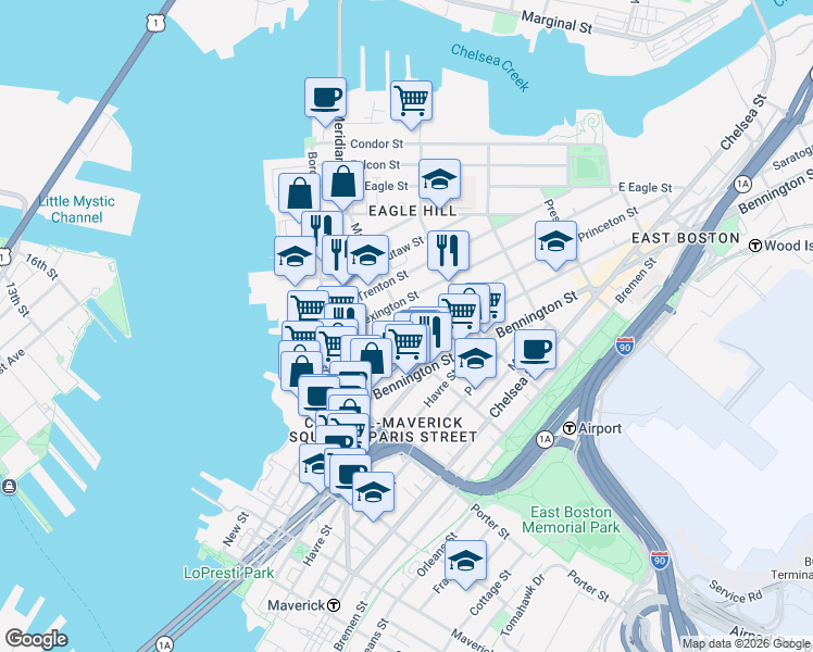 map of restaurants, bars, coffee shops, grocery stores, and more near 78 Princeton St in Boston