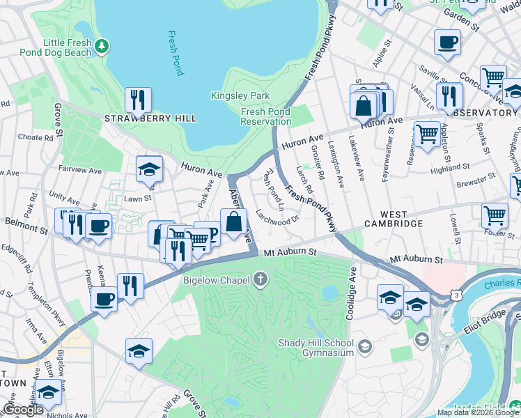 map of restaurants, bars, coffee shops, grocery stores, and more near 61 Larchwood Drive in Cambridge