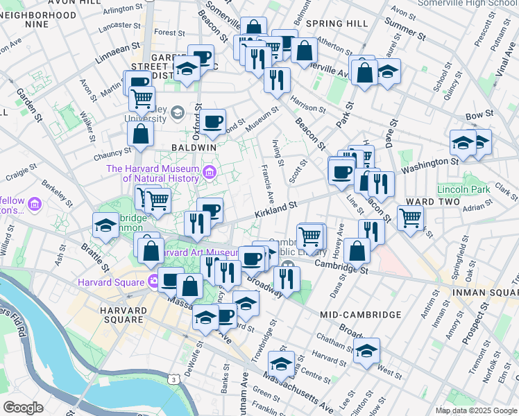 map of restaurants, bars, coffee shops, grocery stores, and more near 39 Kirkland Street in Cambridge
