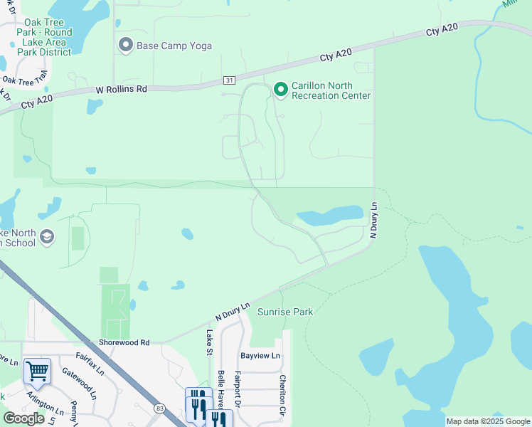 map of restaurants, bars, coffee shops, grocery stores, and more near 91 Enfield Lane in Grayslake