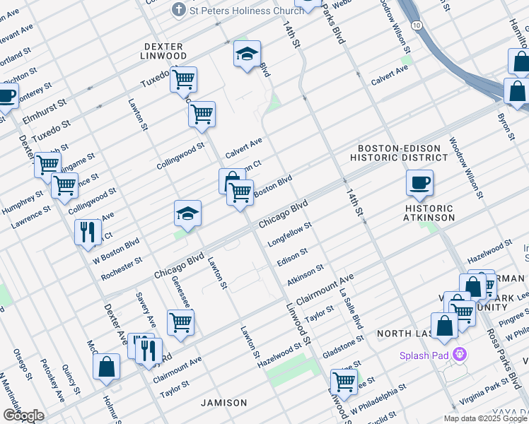 map of restaurants, bars, coffee shops, grocery stores, and more near 2505 West Boston Boulevard in Detroit