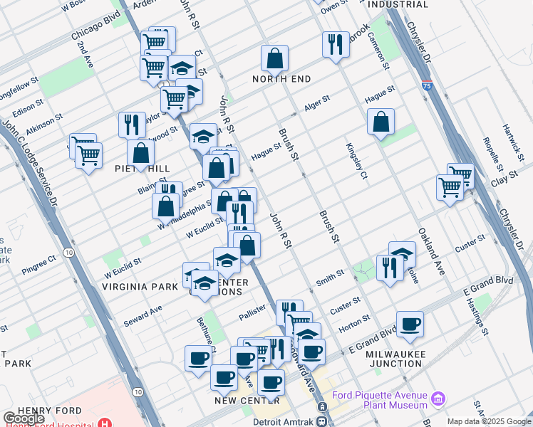 map of restaurants, bars, coffee shops, grocery stores, and more near 8403 John R Street in Detroit
