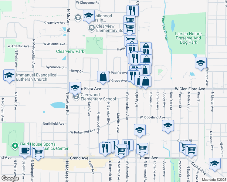 map of restaurants, bars, coffee shops, grocery stores, and more near 2111 West Glen Flora Avenue in Waukegan