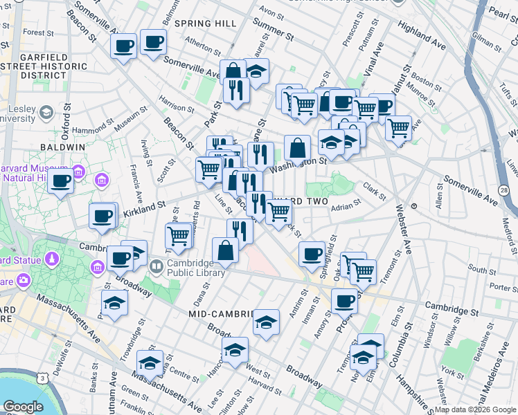 map of restaurants, bars, coffee shops, grocery stores, and more near 42 Calvin Street in Somerville
