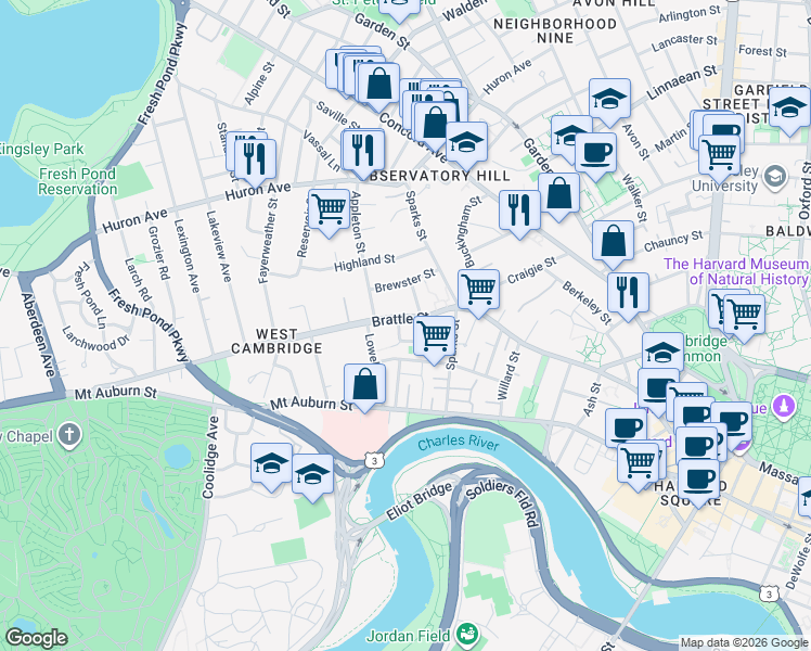 map of restaurants, bars, coffee shops, grocery stores, and more near 150 Brattle Street in Cambridge