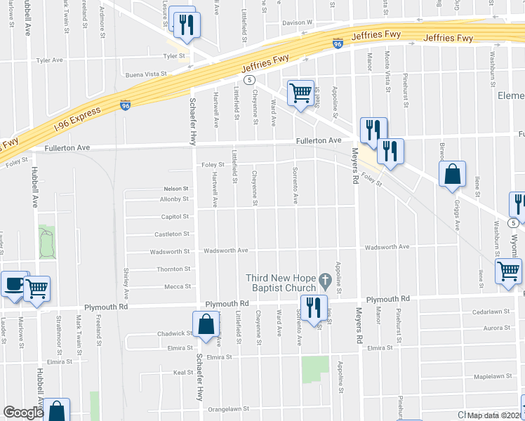 map of restaurants, bars, coffee shops, grocery stores, and more near 12120 Cheyenne Street in Detroit