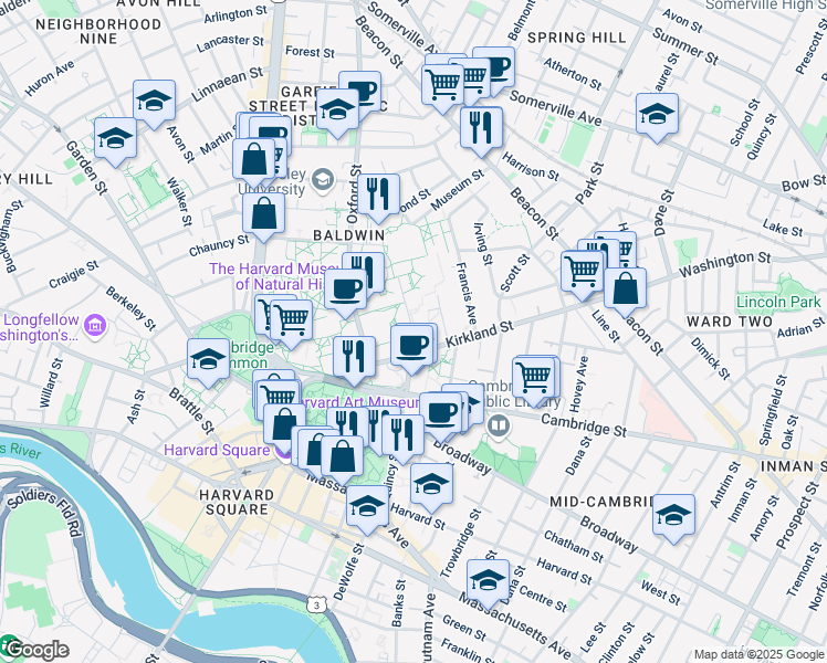 map of restaurants, bars, coffee shops, grocery stores, and more near 7 Divinity Avenue in Cambridge