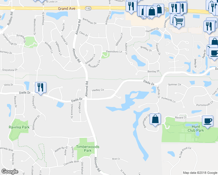 map of restaurants, bars, coffee shops, grocery stores, and more near 1222 Hadley Circle in Gurnee