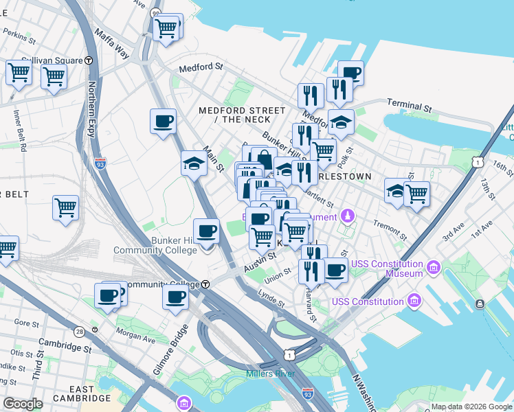 map of restaurants, bars, coffee shops, grocery stores, and more near 14 Sullivan Street in Boston